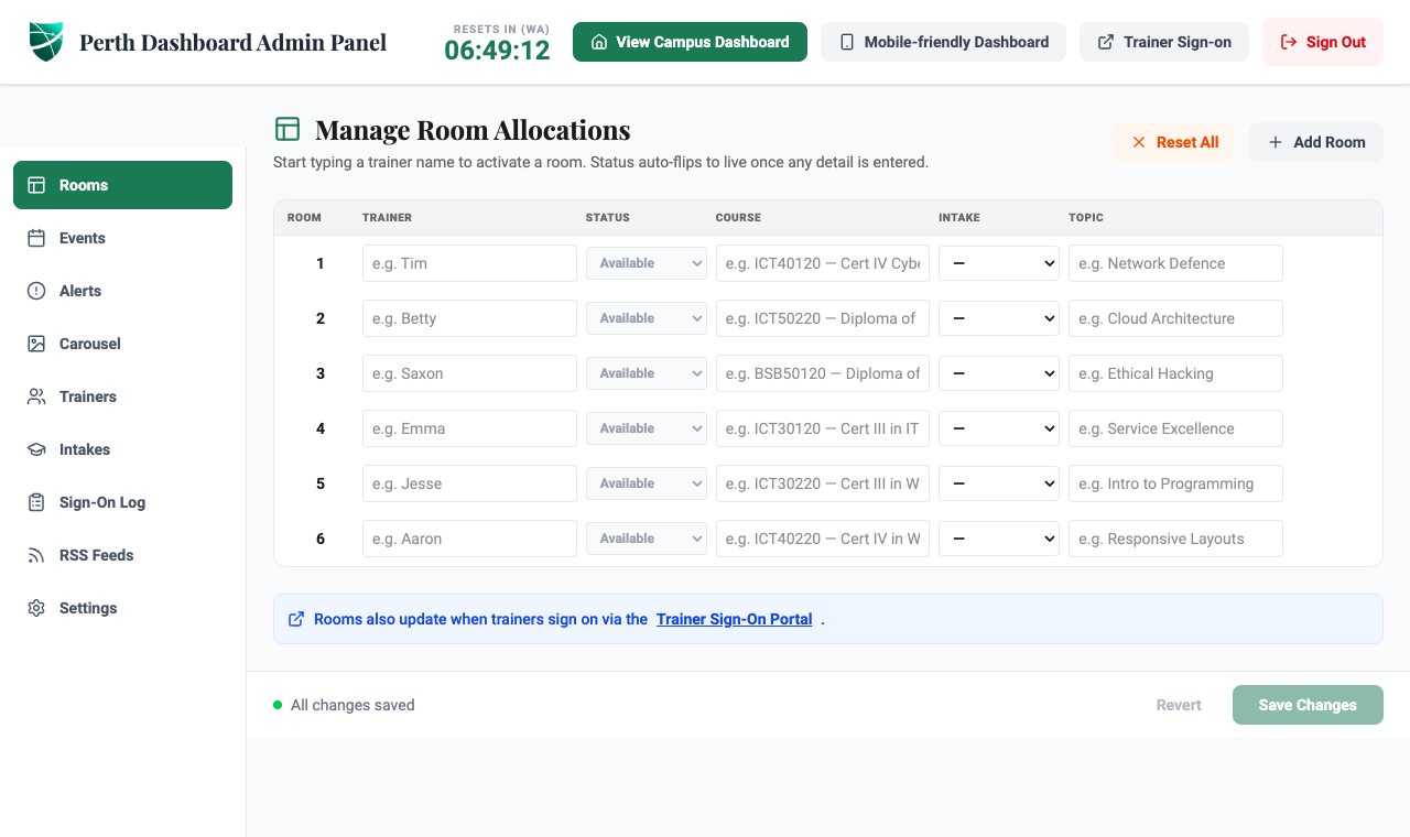 Admin panel: Manage Room Allocations, a table of rooms with trainer, status, course, intake and topic