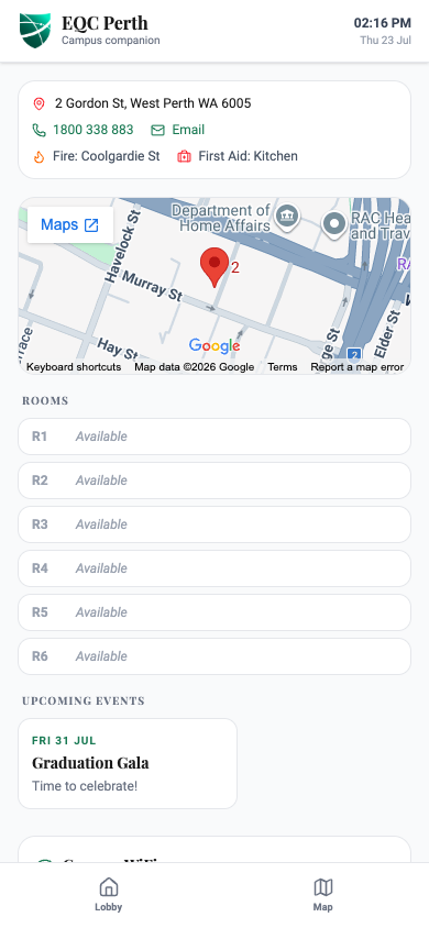EQC campus companion on a phone: address, contacts, room availability and events with a bottom tab bar